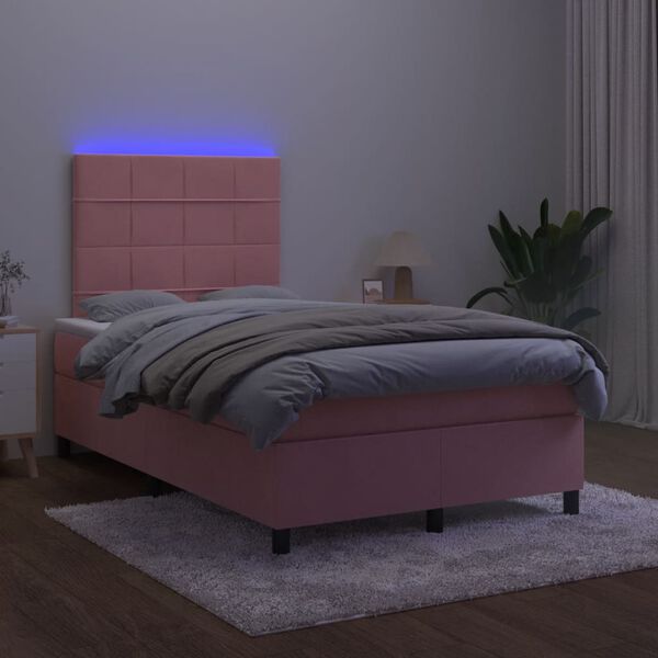vidaXL Cama box spring c/ colch&atilde;o luzes e LED 120x190 cm veludo rosa