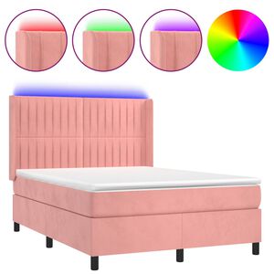 vidaXL Cama box spring c/ colch&atilde;o/LED 140x190 cm veludo rosa