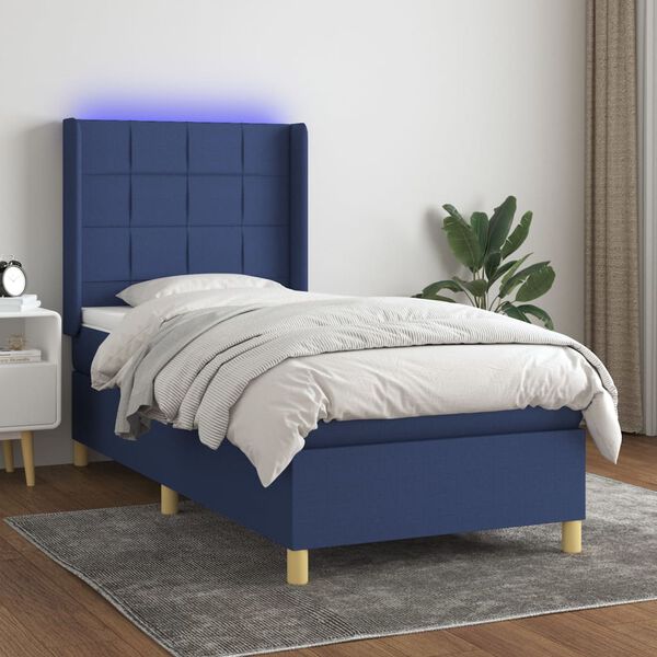 vidaXL Cama box spring c/ colch&atilde;o e LED 100x200 cm tecido azul