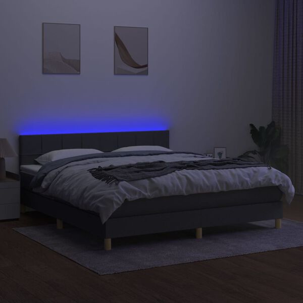 vidaXL Cama box spring c/ colch&atilde;o e LED 180x200 cm tecido cinza-escuro