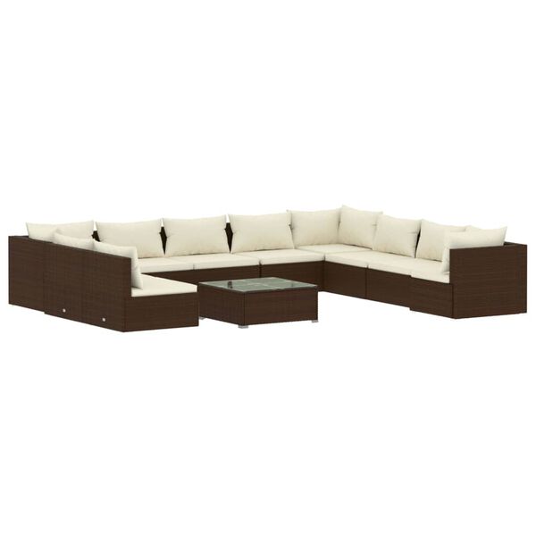 vidaXL 11 pcs conjunto lounge jardim c/ almofad&otilde;es vime PE castanho