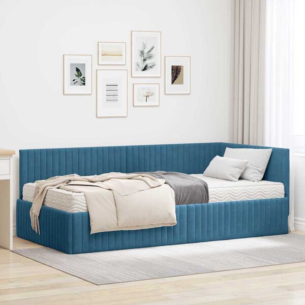 vidaXL Estrutura de Cama de Canto com Colch&atilde;o 2 pcs Azul Veludo