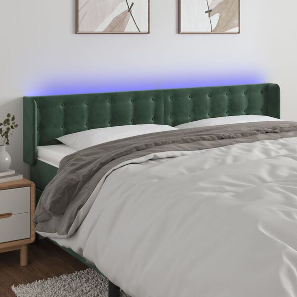 vidaXL Cabeceira cama c/ luzes LED veludo 163x16x78/88 cm verde-escuro