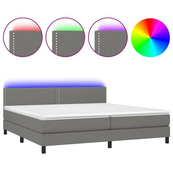 vidaXL Cama box spring c/ colch&atilde;o e LED 200x200 cm tecido cinza-escuro