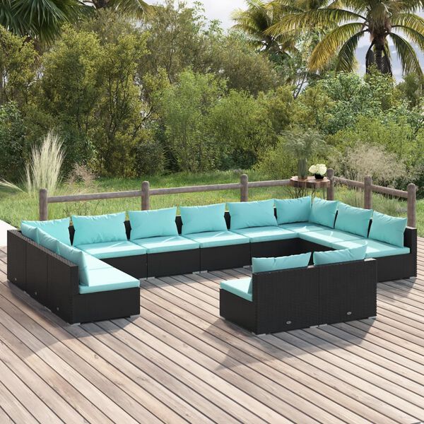 vidaXL 12 pcs conjunto lounge de jardim c/ almofadões vime PE preto
