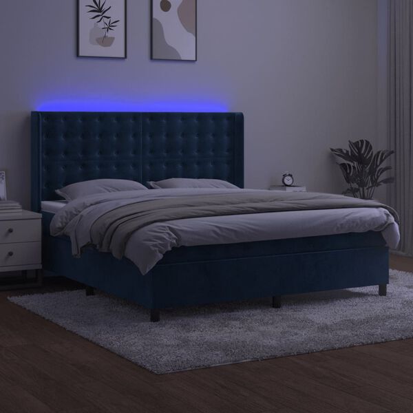 vidaXL Cama box spring c/ colch&atilde;o/LED 180x200 cm veludo azul-escuro