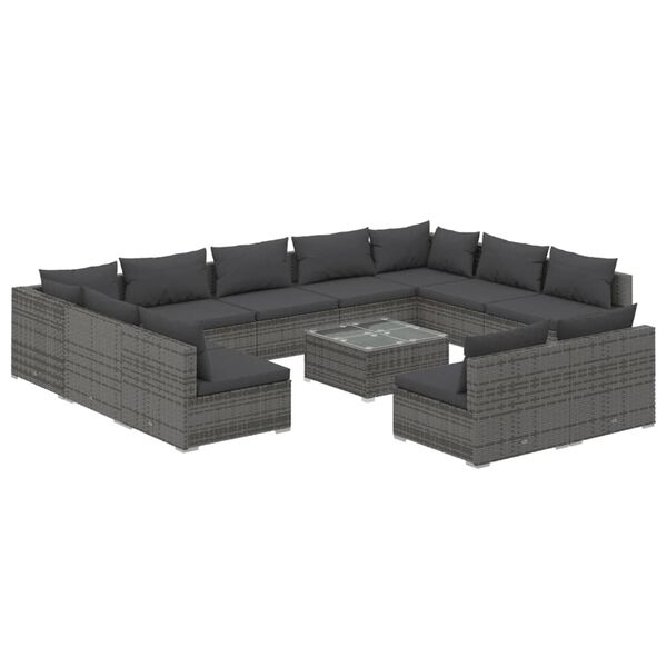 vidaXL 12 pcs conjunto lounge de jardim c/ almofad&otilde;es vime PE cinzento