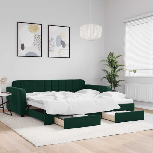 vidaXL Sof&aacute;-cama c/ gavet&atilde;o e gavetas 100x200 cm veludo verde-escuro