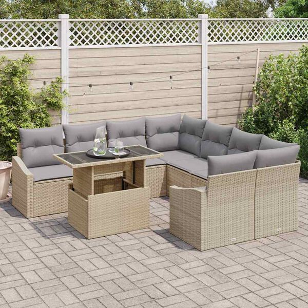 vidaXL Conjunto de Sof&aacute; de Jardim 9 pcs Bege Rattan Sint&eacute;tico