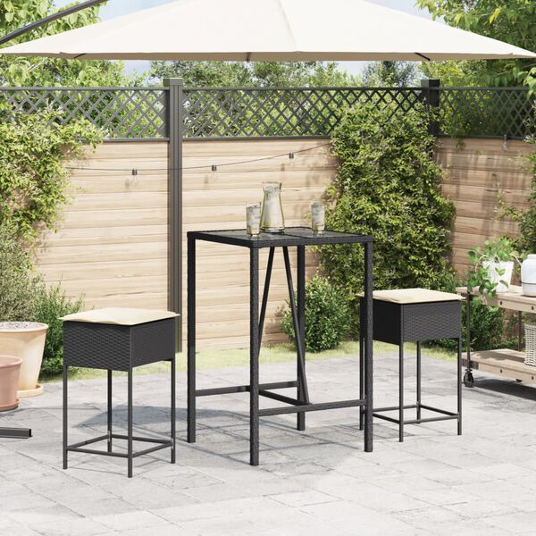 vidaXL 3 pcs conjunto de bar para jardim c/ almofad&otilde;es vime PE preto