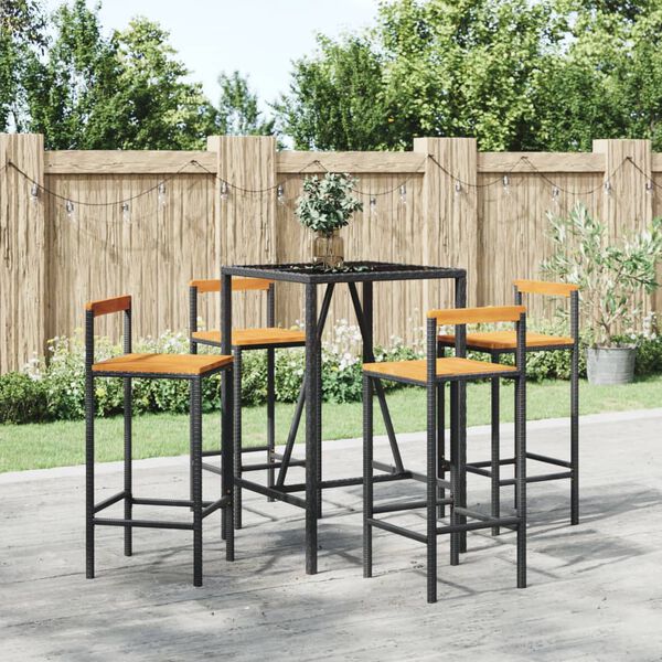 vidaXL 5 pcs conjunto de bar p/ jardim vime PE/ac&aacute;cia maci&ccedil;a preto