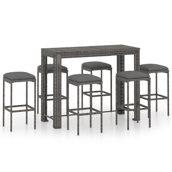 vidaXL 7 pcs conjunto de bar p/ jardim c/ almofad&otilde;es vime PE cinzento