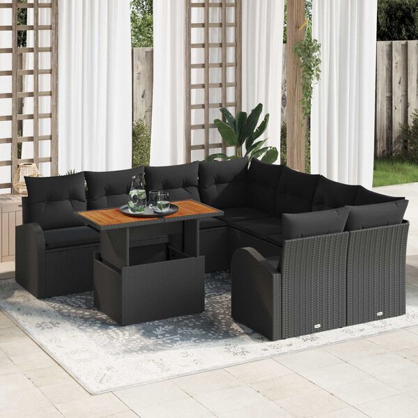 vidaXL Conjunto de Sofá de Jardim 9 pcs Preto Rattan Sintético