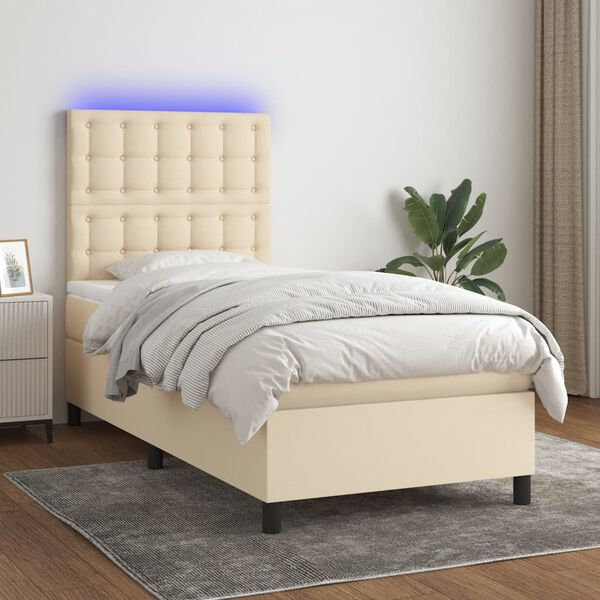 vidaXL Cama box spring c/ colch&atilde;o e LED 100x200 cm tecido cor creme