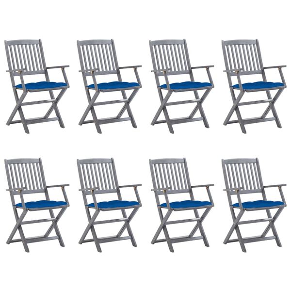 vidaXL Cadeiras de exterior dobr&aacute;veis 8pcs c/ almofad&otilde;es ac&aacute;cia maci&ccedil;a