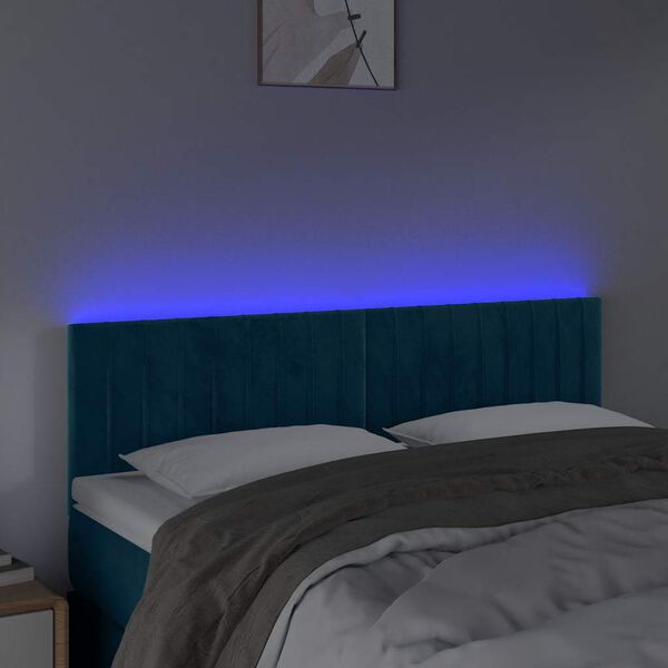 vidaXL Cabeceira de cama c/ luzes LED veludo 144x5x78/88cm azul-escuro
