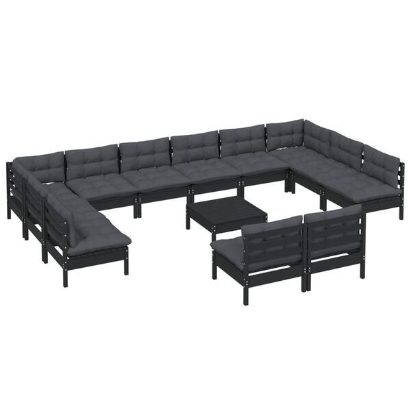 vidaXL 13 pcs conjunto lounge jardim c/ almofad&otilde;es pinho maci&ccedil;o preto