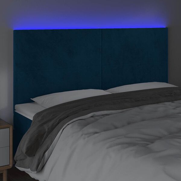 vidaXL Cabeceira cama c/ luzes LED veludo 200x5x118/128cm azul-escuro
