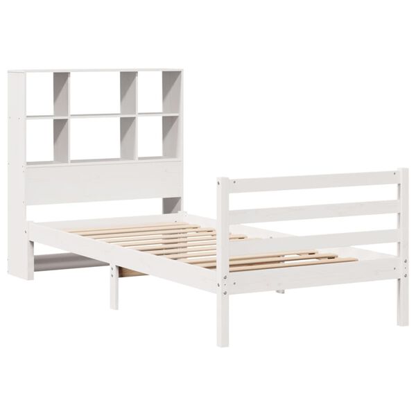 vidaXL Cama com estante sem colch&atilde;o 90x190 cm pinho maci&ccedil;o branco