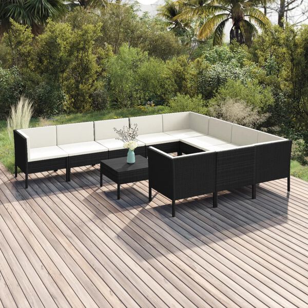 vidaXL 11 pcs conjunto lounge de jardim c/ almofad&otilde;es vime PE preto