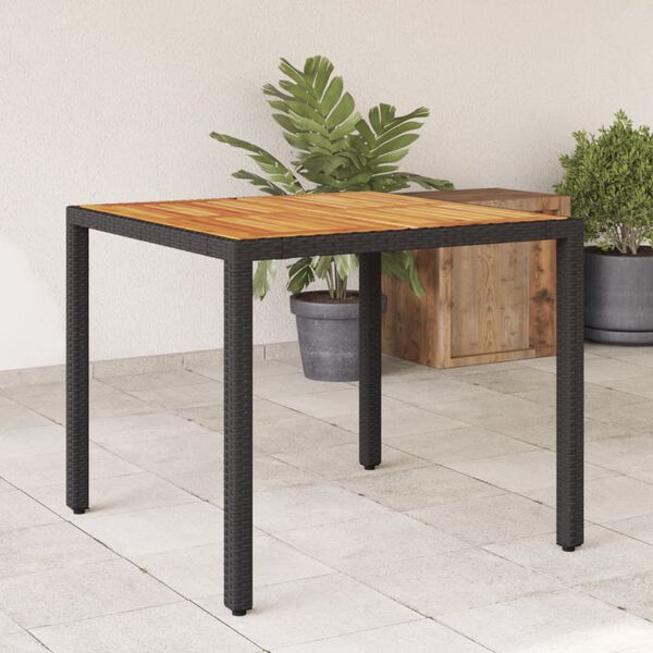 vidaXL Mesa de jardim com tampo de madeira de ac&aacute;cia vime PE preto
