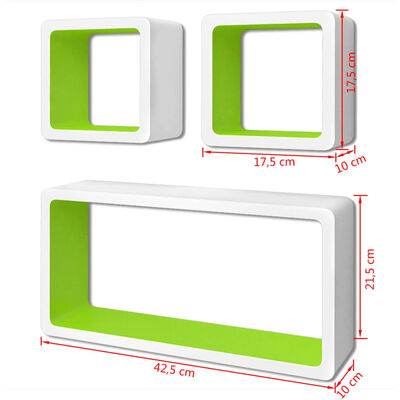 Conjunto 3 prateleiras de parede cubos MDF branco-verde