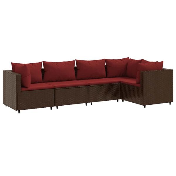 vidaXL 5 pcs conjunto lounge jardim c/ almofad&otilde;es vime PE castanho