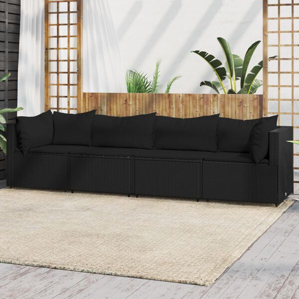 vidaXL 4 pcs conjunto lounge de jardim c/ almofad&otilde;es vime PE preto