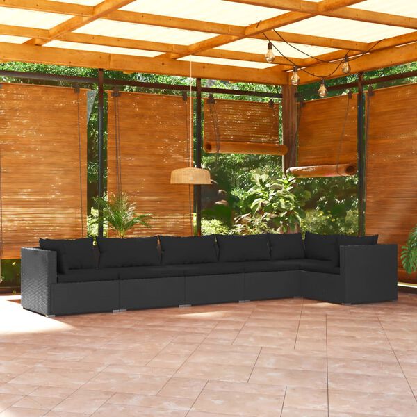 vidaXL 6 pcs conjunto lounge de jardim c/ almofadões vime PE preto