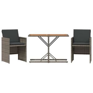vidaXL 3 pcs conjunto bistr&ocirc; com almofad&otilde;es vime PE cinza