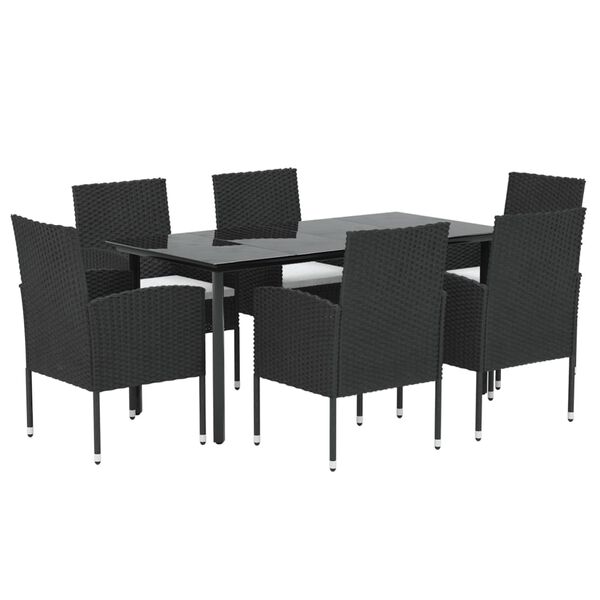 vidaXL 7 pcs conjunto de jantar p/ jardim c/ almofad&otilde;es vime PE preto
