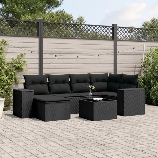 vidaXL 7 pcs conjunto de sof&aacute;s p/ jardim c/ almofad&otilde;es vime PE preto
