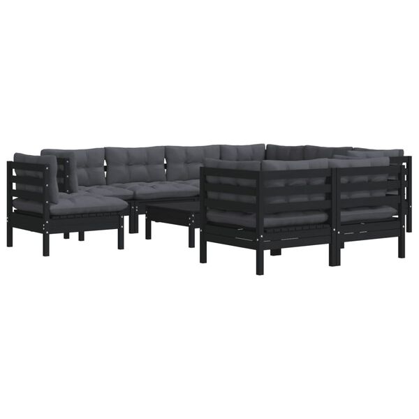 vidaXL 10 pcs conjunto lounge jardim c/ almofadões pinho maciço preto