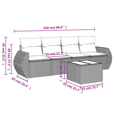 vidaXL 5 pcs conjunto sofás de jardim c/ almofadões vime PE cinzento