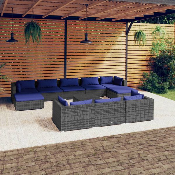 vidaXL 11 pcs conjunto lounge de jardim c/ almofad&otilde;es vime PE cinzento