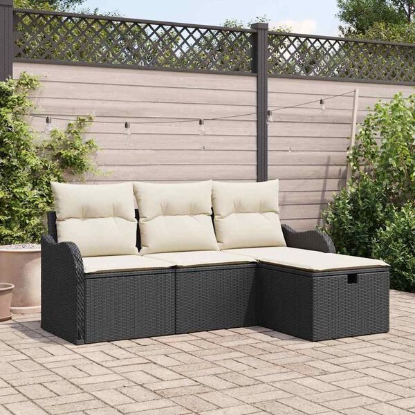 vidaXL Conjunto de Sof&aacute; de Jardim Manual 4 pcs Preto e Creme vime PE