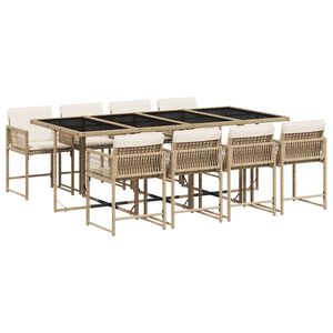vidaXL 9 pcs conjunto de jantar p/ jardim com almofad&otilde;es vime PE bege