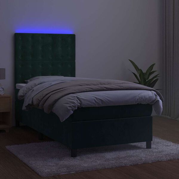 vidaXL Cama box spring c/ colch&atilde;o/LED 100x200 cm veludo verde-escuro