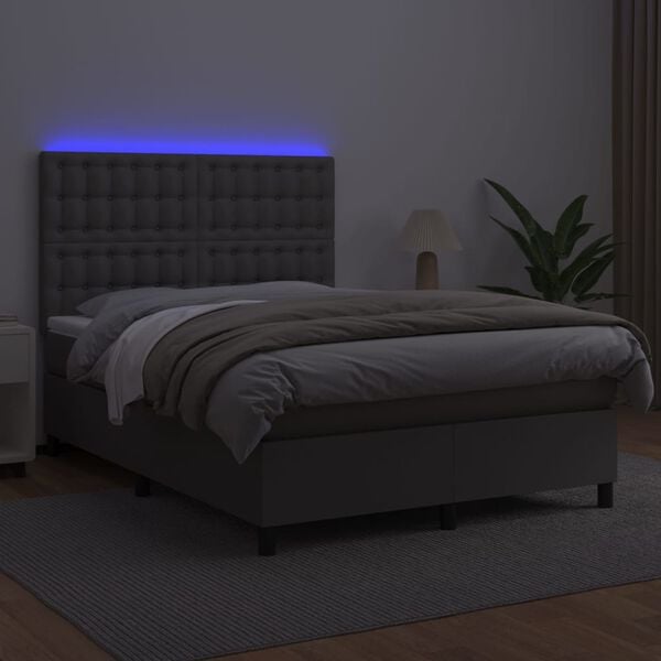 vidaXL Cama box spring c/ colch&atilde;o/LED 140x190cm couro artificial cinza