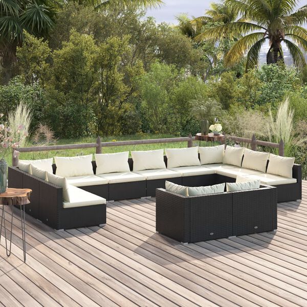 vidaXL 12 pcs conjunto lounge de jardim c/ almofad&otilde;es vime PE preto