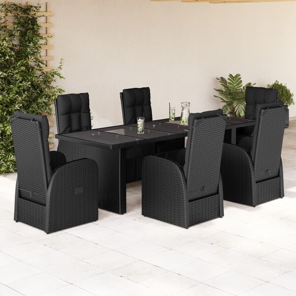vidaXL 7 pcs conjunto de jantar p/ jardim c/ almofad&otilde;es vime PE preto