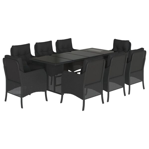 vidaXL 9 pcs conjunto de jantar p/ jardim c/ almofad&otilde;es vime PE preto