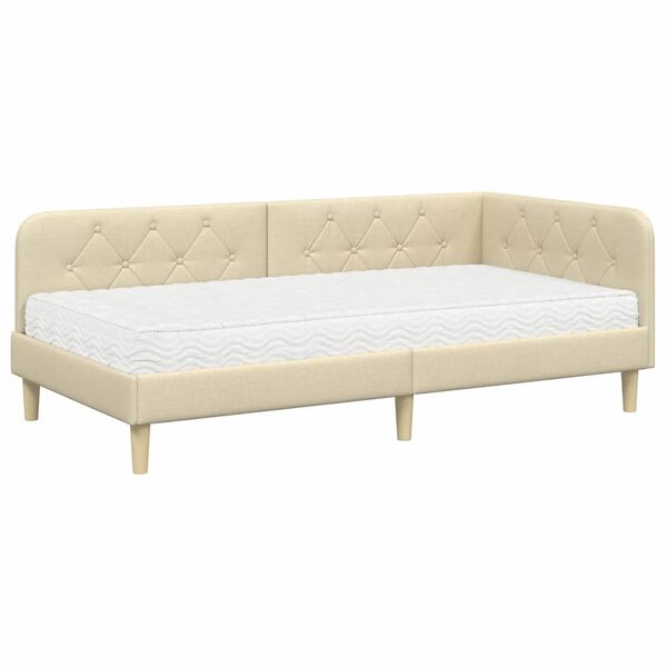 vidaXL Estrutura de Cama de Canto com colch&atilde;o Creme 90 x 190 cm tecido