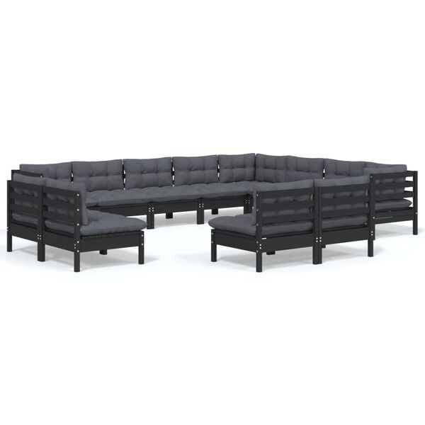 vidaXL 12 pcs conjunto lounge jardim c/ almofad&otilde;es pinho maci&ccedil;o preto