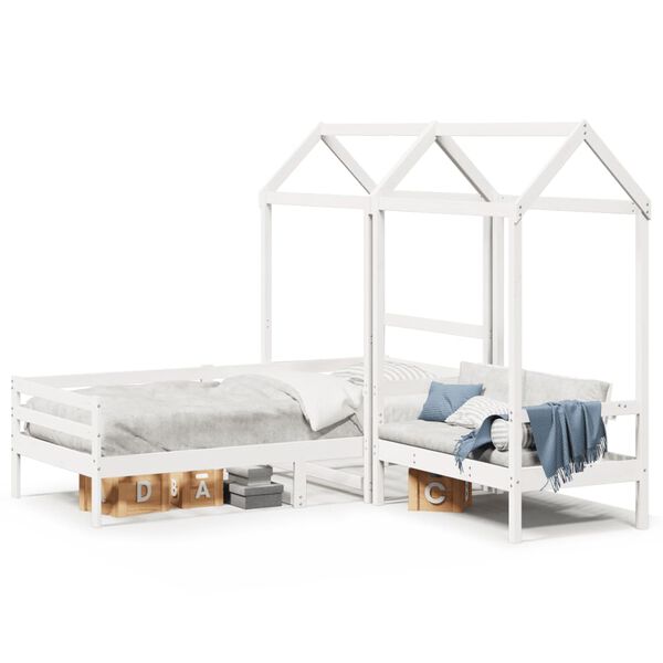 vidaXL Conj. sof&aacute;-cama e banco c/ telhado 90x190cm pinho maci&ccedil;o branco