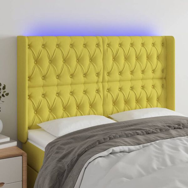 vidaXL Cabeceira de cama c/ luzes LED tecido 147x16x118/128 cm verde