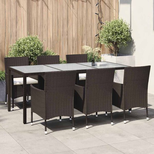 vidaXL 7 pcs conjunto jantar exterior c/ almofadões vime PE castanho