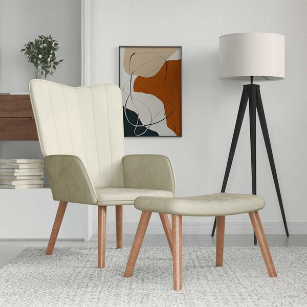 vidaXL Cadeira de descanso com banco veludo branco nata