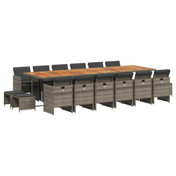 vidaXL 17 pcs conj. de jantar p/ jardim c/ almofad&otilde;es vime PE cinzento