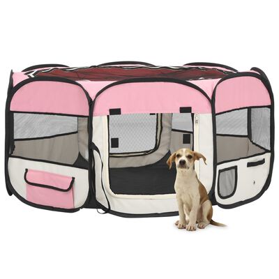 vidaXL Parque dobrável p/ cão c/ saco de transporte 145x145x61cm rosa